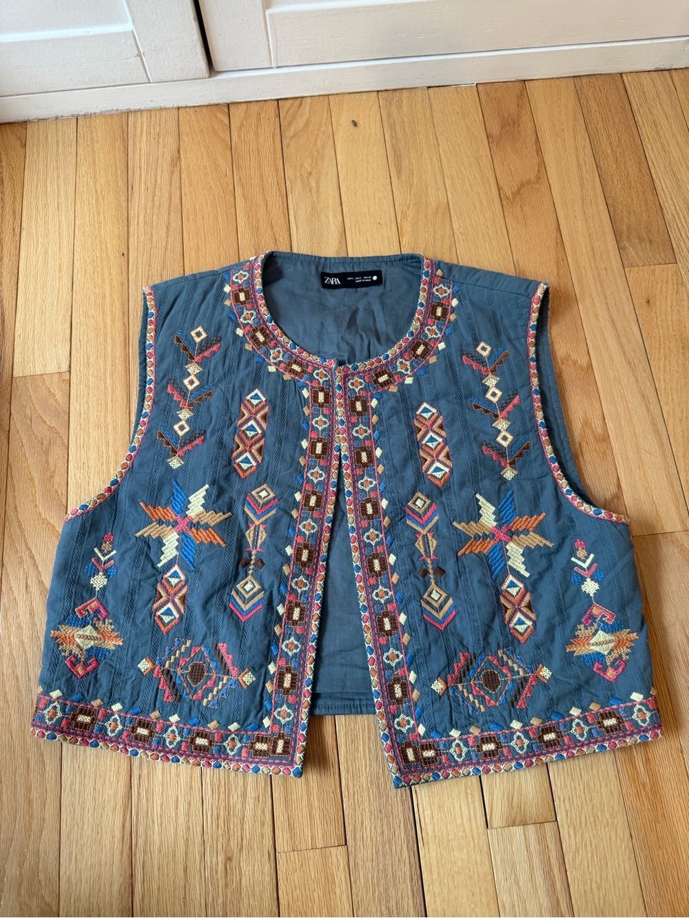 Zara Teal Embroidered Cotton Vest with Multicolor Motifs